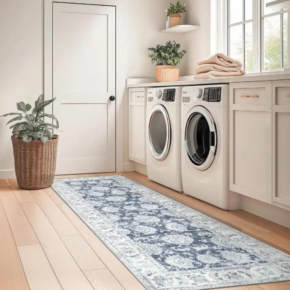 New 2x10 Dark Blue Runner Rug, Washable Vintage Floral Hallway & Kitchen Carpet